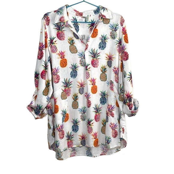 Sigrid Olsen Pineapple Novelty Multicolor Print Linen Blend Top With Pockets - Picture 1 of 10